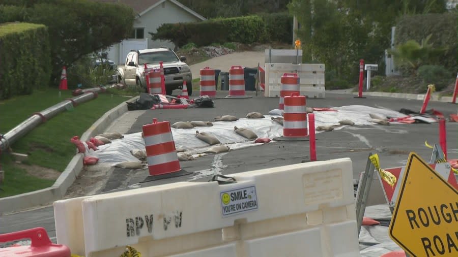 Following a destructive rainstorm that pummeled Southern California, a massive landslide is threatening a neighborhood in Rancho Palos Verdes on Feb. 8, 2024. (KTLA)