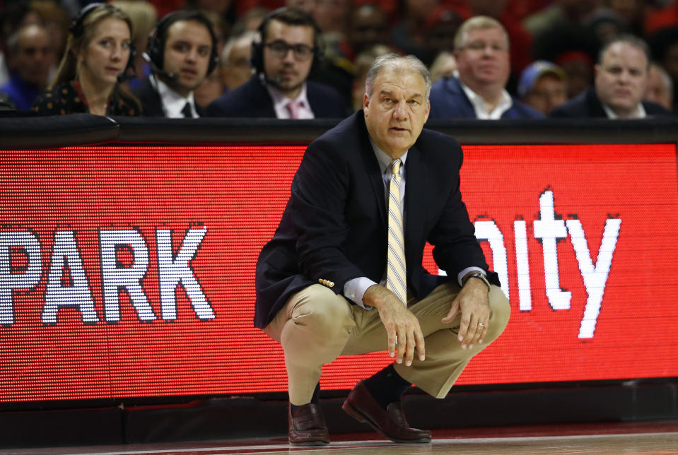 Hofstra head coach Joe Mihalich, shown here in November, earned a technical foul in the loss to Northeastern for arguing with the officials in the game’s final minutes. (AP)