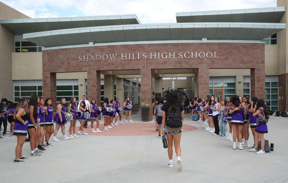 Students enter Shadow Hills High School during the first day of school in Indio, Calif., August 15, 2023. 