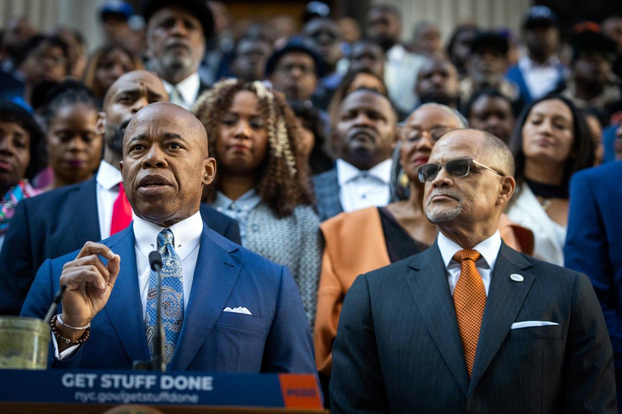 New York City Mayor Eric Adams (left) and New York City Department of Education Chancellor David Banks (right) announce Project Pivot outside the Tweed Courthouse in Manhattan, New York on Thursday, Oct. 6, 2022.
