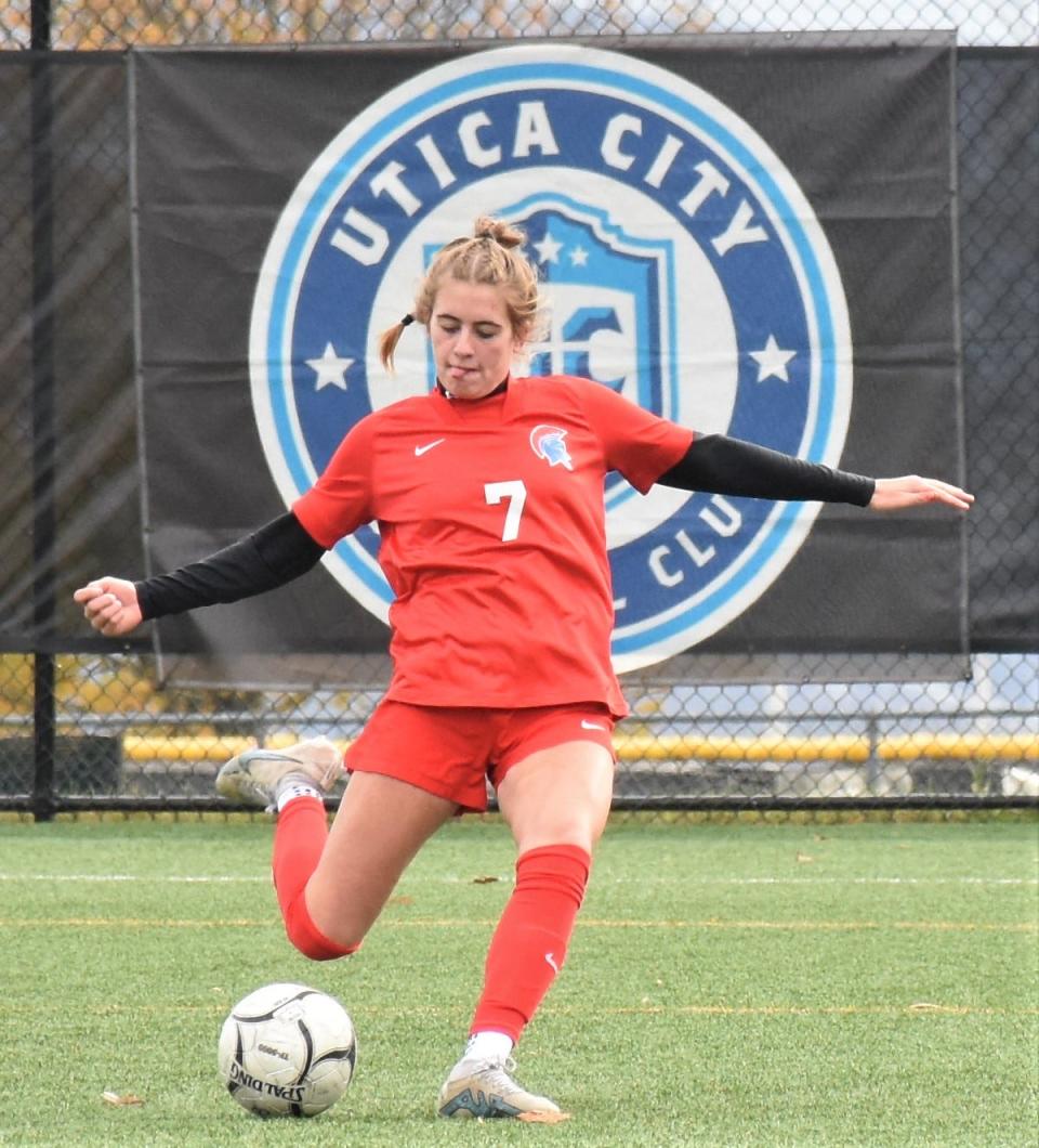 New Hartford Spartan Elizabeth Rayhill sends the ball up the field against Schalmont Saturday at Herkimer College's Wehrum Stadium.