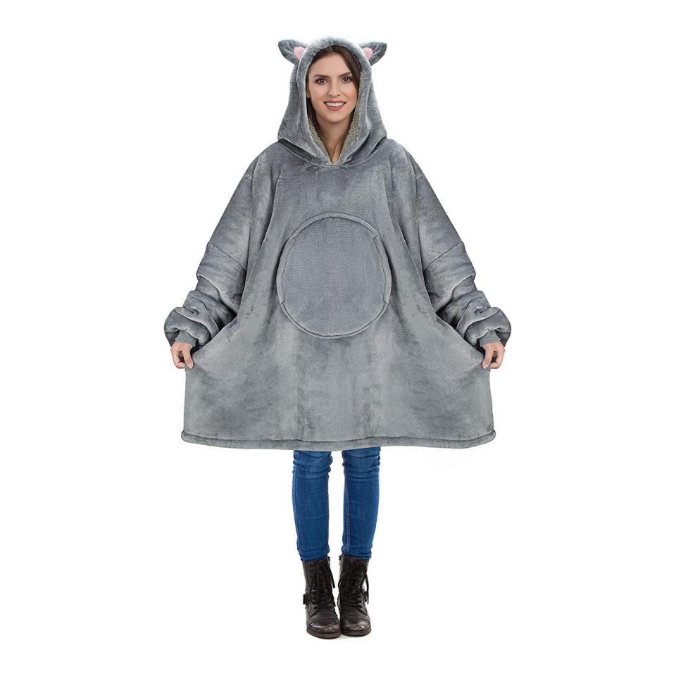 Model wearing a Oversized Sherpa Cat Hoodie on a white background