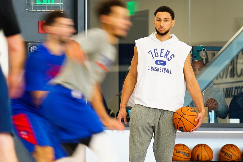 Ben Simmons takes part in a practice at the NBA basketball team's facility.