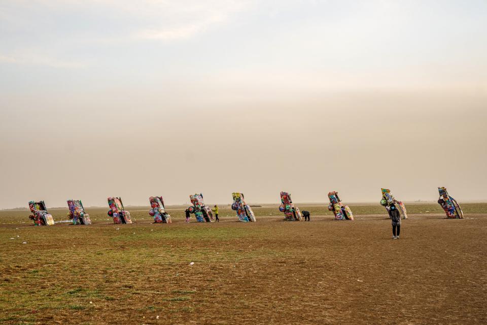 Cadillac Ranch, a public art installation and sculpture created in 1974 by Chip Lord, Hudson Marquez and Doug Michels on December 22, 2020 in Amarillo, Texas.