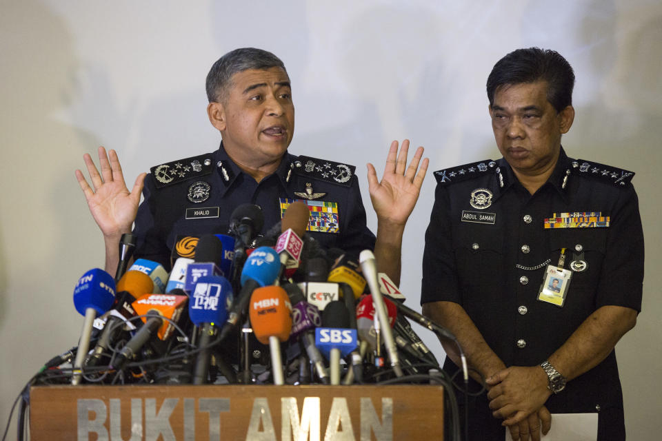 <p> Malaysia's Inspector-General of Police Khalid Abu Bakar, left, speaks as Selangor Police Chief Abdul Samah Mat listens during a press conference at the Bukit Aman national police headquarters in Kuala Lumpur, Malaysia, Wednesday, Feb. 22, 2017. Malaysia's police chief says a North Korean Embassy official is among eight North Korean suspects in last week's fatal poisoning of the half brother of Pyongyang's leader Kim Jong Un in Kuala Lumpur's airport. (AP Photo/Alexandra Radu) </p>