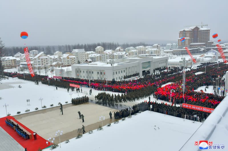 North Korean leader Kim Jong Un attends a ceremony at the township of Samjiyon County