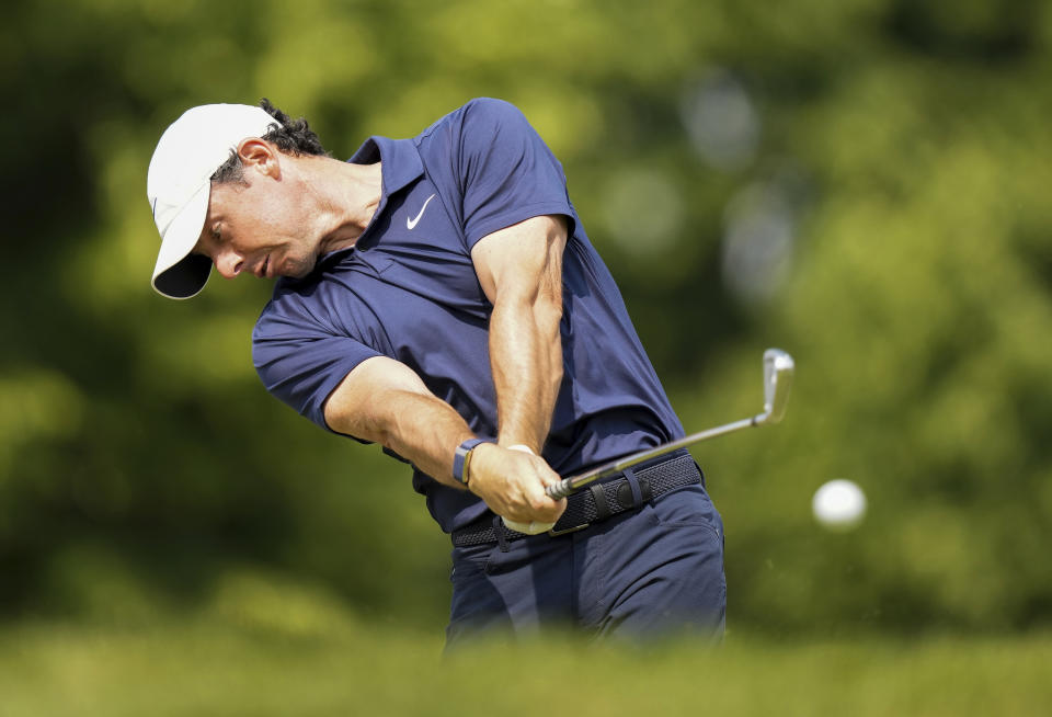 Rory McIlroy, of Northern Ireland, tees off on the 10th hole during the third round of the Canadian Open golf tournament in Toronto, Saturday, June 10, 2023. (Nathan Denette/The Canadian Press via AP)