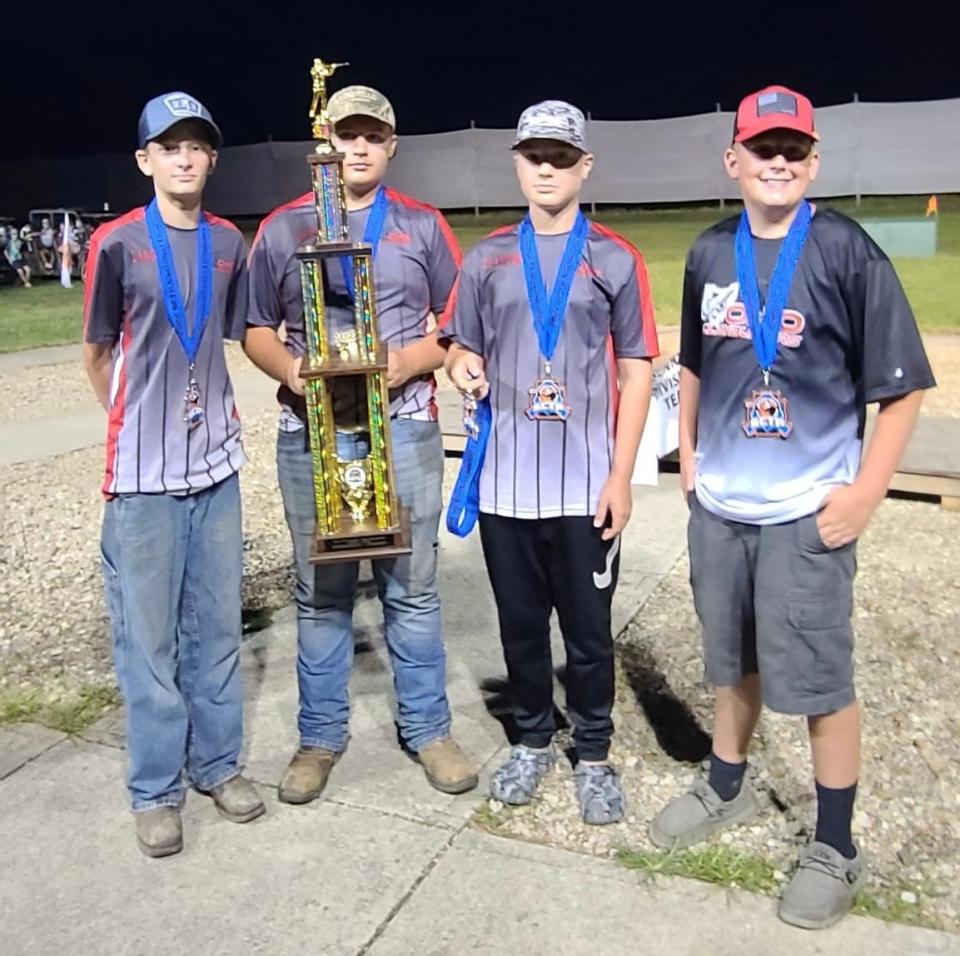 The Ohio Claybuster’s Intermediate Advanced team won the singles trap title at the Scholastic Clay Target Program Nationals in Marengo. Team members are Landen Morris  (left), Lane Adkins, Clayton Kovacs, Carter Gasser and Bradyn Conner (not pictured). The squad shot a 947.