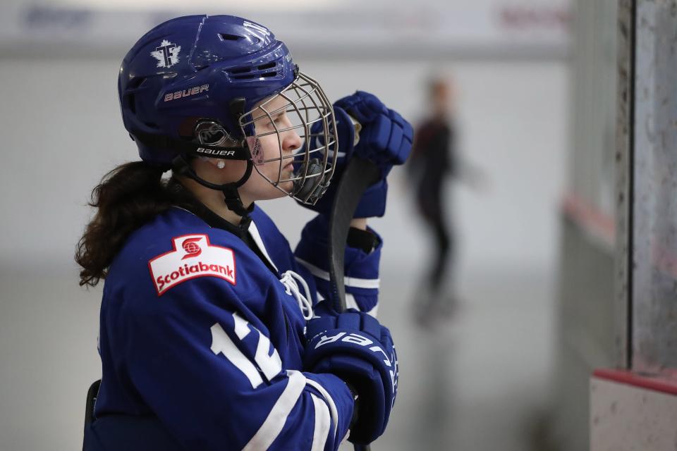 TORONTO, ON- JANUARY 21  - Toronto Furies Jess Vella waits to take to the ice before a game against the Calgary Inferno at the MasterCard Centre for Hockey Excellence. The Toronto Furies are one of five teams in the Canadian Women's Hockey League. The CWHL is the highest level of hockey for women. The League strives to become a professional league where the players earn a pay cheque to play.  in Toronto. January 21, 2017.  Steve Russell/Toronto Star        (Steve Russell/Toronto Star via Getty Images)