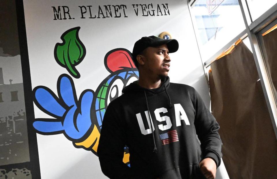 Planet Vegan founder Michael McElroy talks about the opening of the new brick and mortar location near GB3 at Palm and Nees avenues planned for Saturday, Jan. 6, 2024. Planet Vegan’s food truck caught fire in June of 2022.