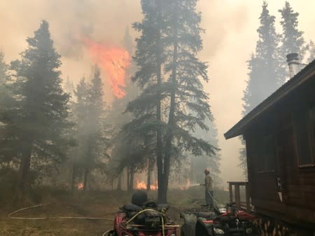 Firefighters from the Chugach National Forest work to protect the Romig Cabin on Juneau Lake from the Swan Lake Fire near Cooper Landing