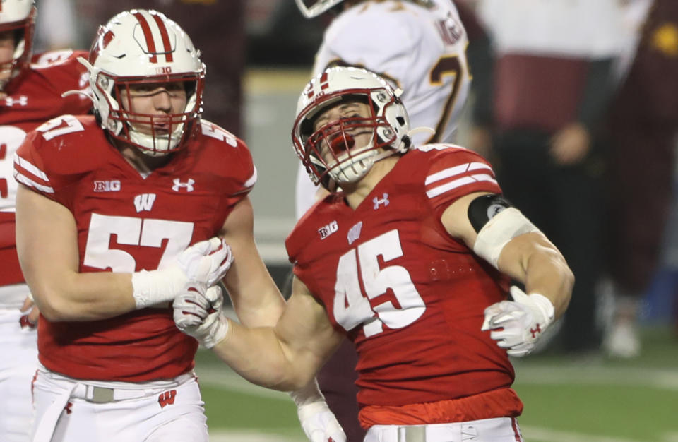 Dec. 19, 2020; Madison; Wisconsin Badgers linebacker Leo Chenal (45) celebrates his third down tackle that stopped a Minnesota Golden Gophers advance during the second half at Camp Randall Stadium. Mary Langenfeld-USA TODAY Sports