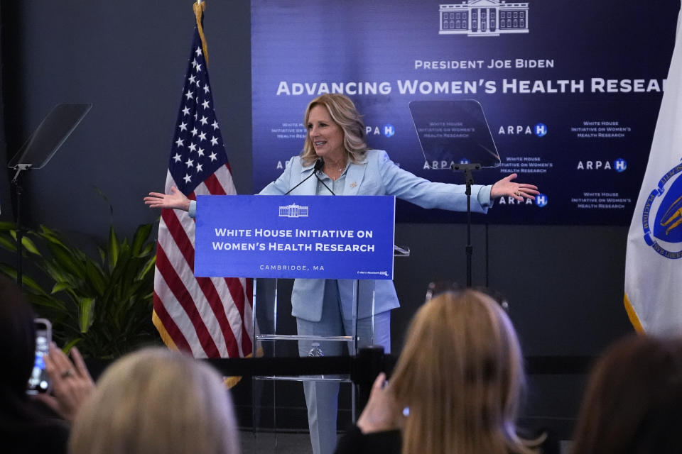 First lady Jill Biden addresses a gathering during a discussion on women's health research, Wednesday, Feb. 21, 2024, in Cambridge, Mass. (AP Photo/Charles Krupa, Pool)