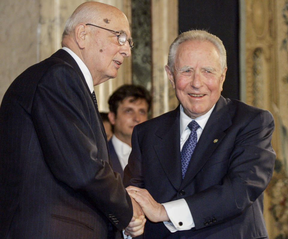 FILE - This May 15, 2006 file photo shows newly elected Italian President Giorgio Napolitano, left, being greeted by former Italian President Carlo Azeglio Ciampi, during his installation ceremony as 11th Italian president at Quirinale Presidential Palace in Rome. Giorgio Napolitano, the first former Communist to rise to Italy’s top job — president of the Republic — and the first president to be re-elected, has died Friday, Sept. 22, 2023. He was 98. (AP Photo/Pier Paolo Cito, File)