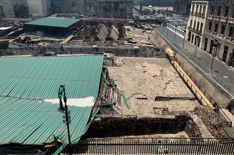 A view shows the collapsed roof that protected the "Casa de las Aguilas", part of the ruins of the Templo Mayor archaeological site, after heavy rain and hail, in downtown Mexico City