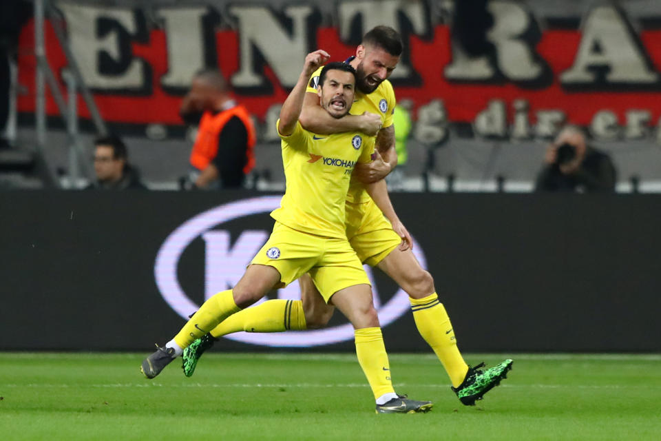 Pedro celebrates Chelsea's only goal in Germany.  (Credit: Getty Images)