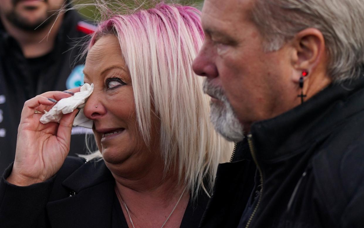 Harry Dunn's mother Charlotte Charles and stepfather Bruce Charles at Banbury Crematorium in Oxfordshire