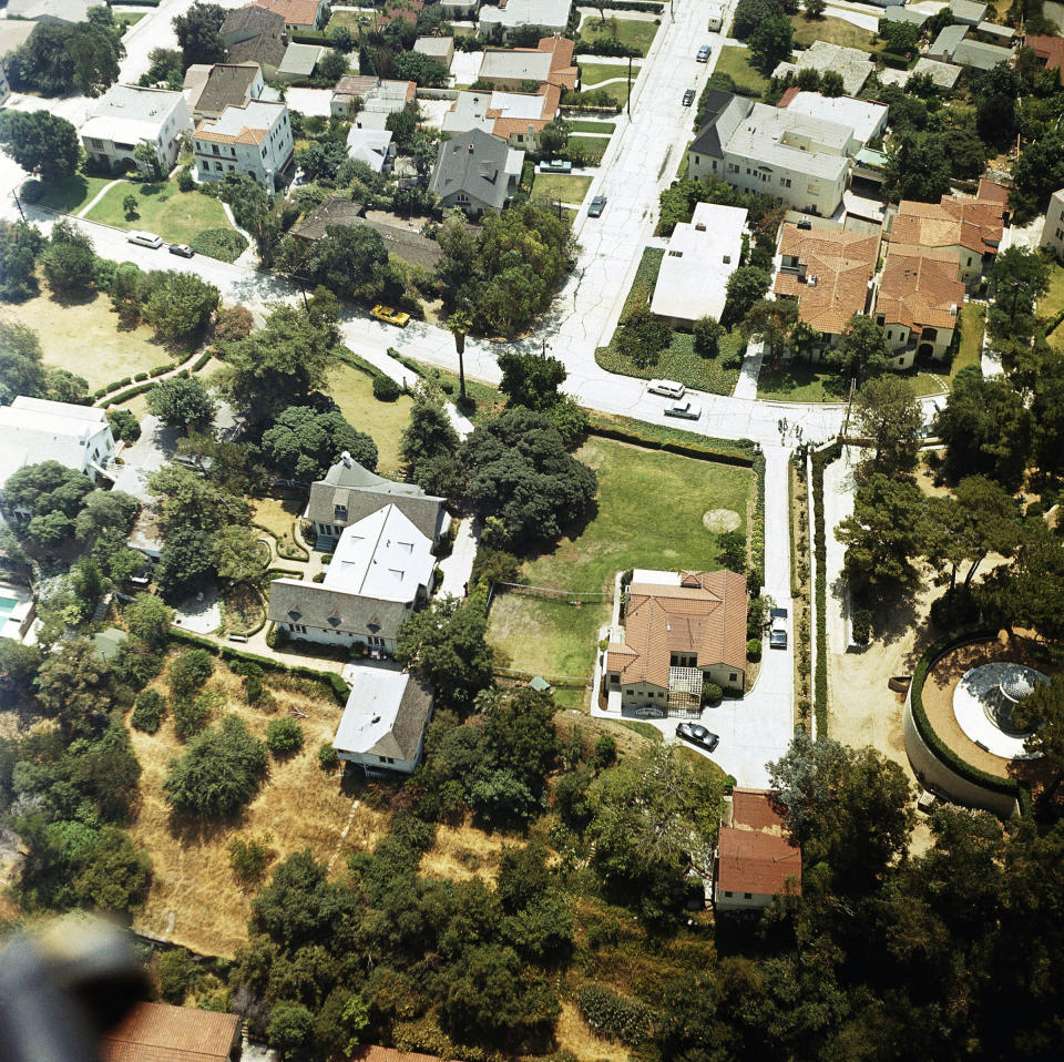 FILE - In this Aug. 13, 1969 file photo an aerial view of the home of Leno and Rosemary LaBianca in the Los Feliz district of Los Angeles. The home, which is one of the Los Angeles houses where followers of Charles Manson committed notorious murders in 1969, is for sale. (AP Photo, File)