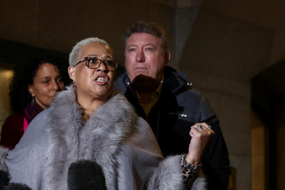 Mina Smallman, the mother of Nicole Smallman and Bibaa Henry, delivers a statement outside the Old Bailey in London after two Metropolitan Police officers were sentenced after pleading guilty to sharing photos of the bodies of the two murdered sisters on WhatsApp in London, Britain, December 6, 2021. REUTERS/Tom Nicholson