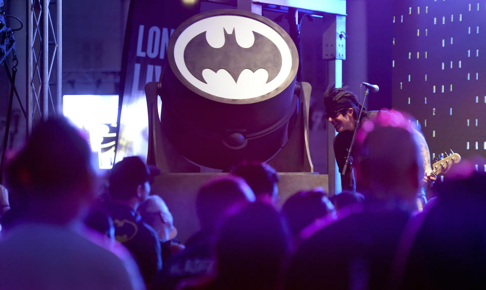 Flashback Heart Attack performs during the Batman fan experience on Batman's 80th anniversary at Grand Park on Saturday, Sept. 21, 2019, in Los Angeles. (Keith Birmingham/The Orange County Register via AP)