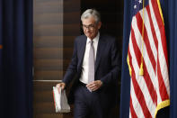 Federal Reserve Board Chair Jerome Powell walks to a podium to speak at a news conference following a two-day meeting of the Federal Open Market Committee, Wednesday, Sept. 18, 2019, in Washington. (AP Photo/Patrick Semansky)