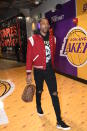 <p>Kentavious Caldwell-Pope arrives in a red letterman and a pair of Givenchy low-tops before the Lakers, Hornets game on March 29. </p>