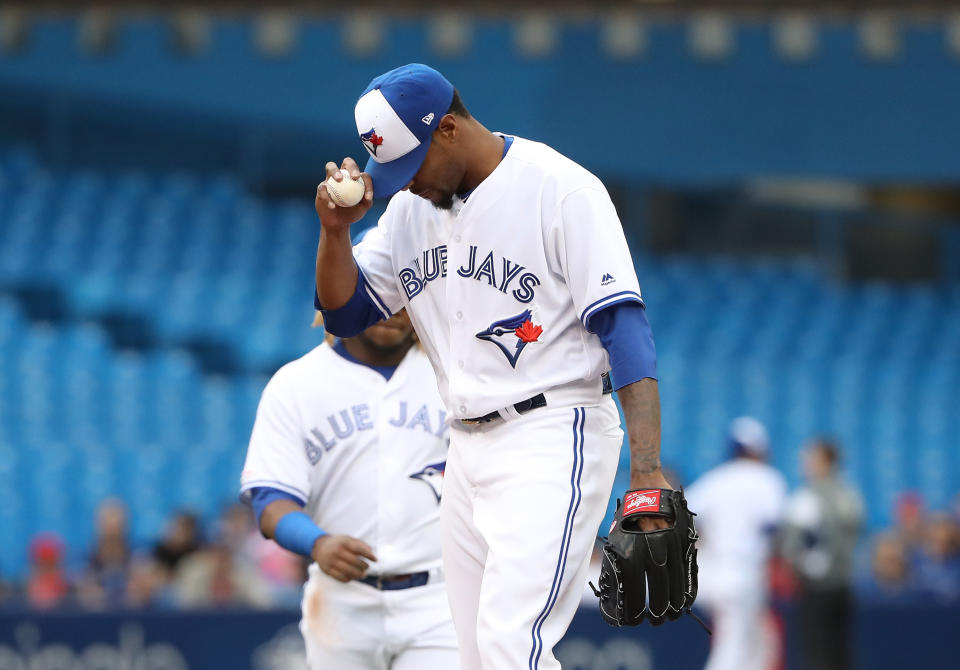 TORONTO, ON - JUNE 17: Edwin Jackson #33 of the Toronto Blue Jays reacts moments before being relieved in the second inning during MLB game action against the Los Angeles Angels of Anaheim at Rogers Centre on June 17, 2019 in Toronto, Canada. (Photo by Tom Szczerbowski/Getty Images)