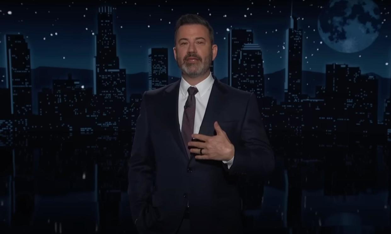 <span>Jimmy Kimmel: ‘Trump is drawing the biggest crowds of any president criminally indicted for having sex with a porn star in history.’</span><span>Photograph: YouTube</span>