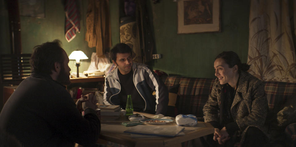 This image released by Janus and Sideshow Films shows, from left, Deniz Celiloğlu, Musab Ekici and Merve Dizdar in a scene from "About Dry Grasses." (Sideshow and Janus Films via AP)