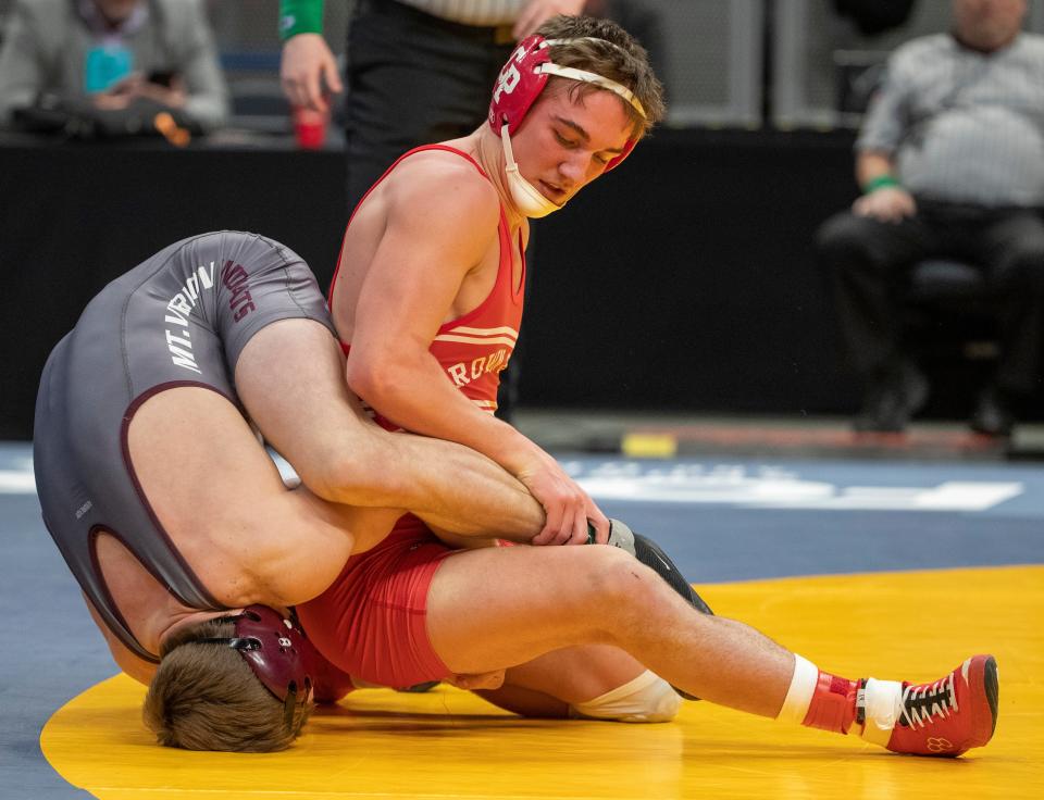 Cody Goodwin, Crown Point High School (right), works on this 160 pound win over Christopher Newman of Mt. Vernon High School.