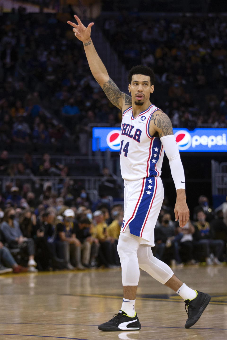 Philadelphia 76ers guard Danny Green (14) celebrates a 3-point basket against the Golden State Warriors during the first quarter of an NBA basketball game Wednesday, Nov. 24, 2021, in San Francisco. (AP Photo/D. Ross Cameron)