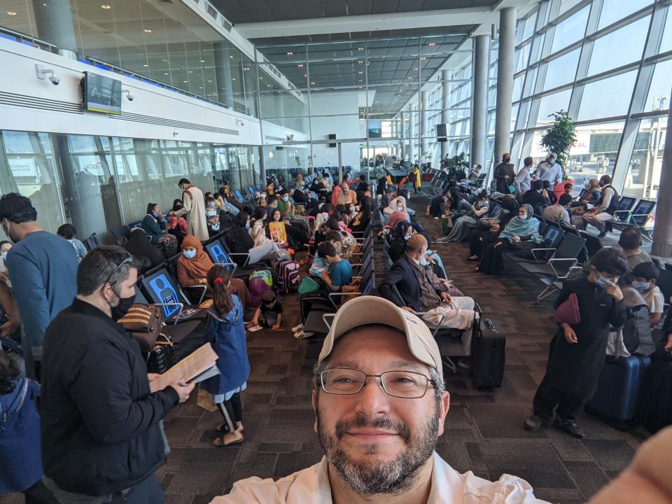 Bryan Stern, a veteran and co-founder of Project Dynamo, at airport with evacuees