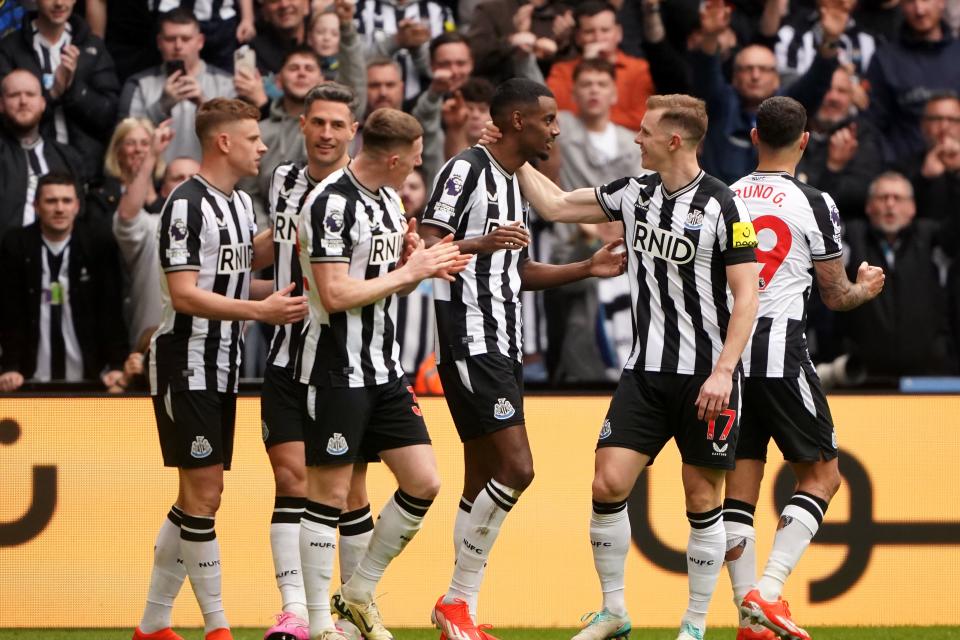 Newcastle’s Alexander Isak (centre) celebrates his second goal against Tottenham (Owen Humphreys/PA) (PA Wire)