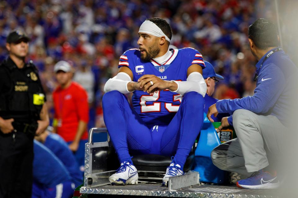 Micah Hyde was carted off the field.