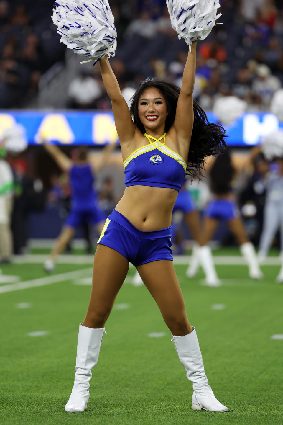 Aug 19, 2023; Inglewood, California, USA; A Los Angeles Rams Cheerleader performs during the NFL pre-season game between the Las Vegas Raiders and the Los Angeles Rams at SoFi Stadium. Mandatory Credit: Kiyoshi Mio-USA TODAY Sports