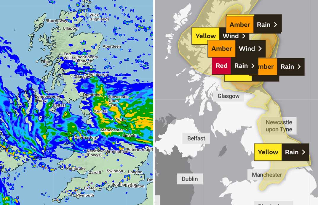 Parts of the UK have been hit with yellow and red weather warnings as a result of Storm Babet. (Met Office)