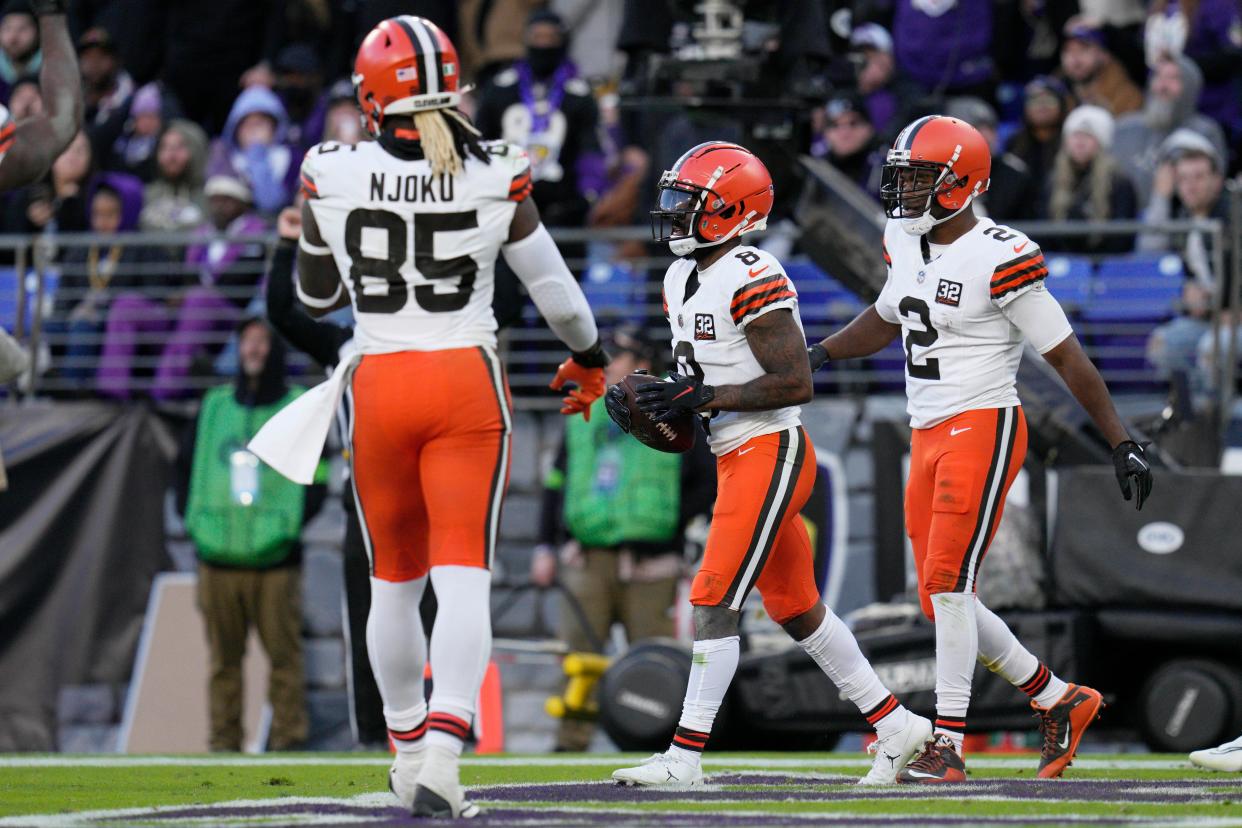 Browns wide receiver Elijah Moore (8) celebrates his second-half TD against the Ravens, Nov. 12, 2023, in Baltimore.