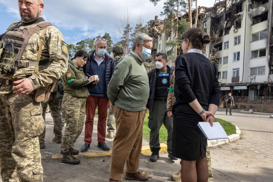 United Nations Secretary-General Antonio Guterres visits the war damaged Irpinsky Lipky residential complex on April 28, 2022, in Irpin, Ukraine.