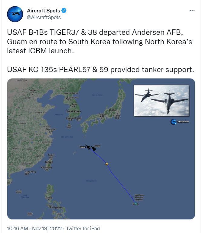 朝鮮發射洲際導彈後，美國空軍B-1B 37和38從關島安德森空軍基地飛往韓國。(Aircraft Spots Twitter)