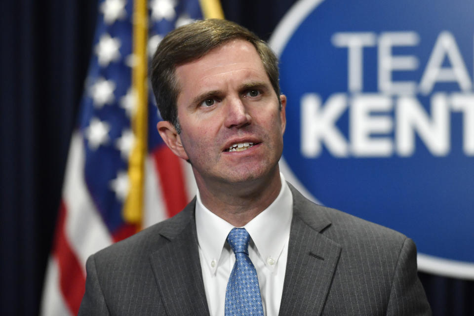 FILE - Kentucky Gov. Andy Beshear addresses reporters during a press conference in Frankfort, Ky., Nov. 15, 2022. Beshear’s veto of a bill aimed at transgender health care has put Kentucky in the middle of a national fight. But the consequences are more immediate in Kentucky. Its election this year offers an early test on the state-by-state assault on gender-affirming care for minors. The veto issued Friday set off competing messages likely to be repeated until the November election. (AP Photo/Timothy D. Easley, File)