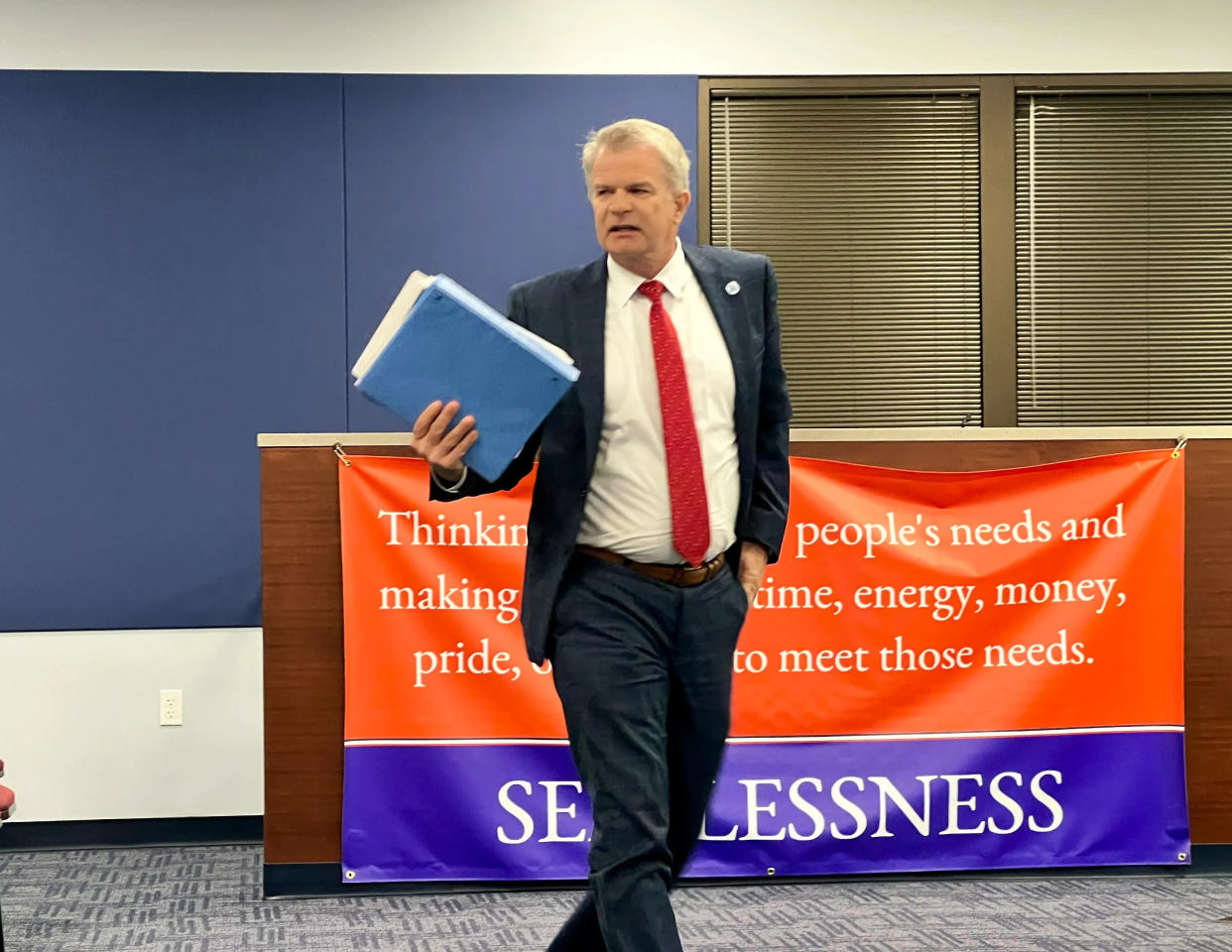 Former Sarasota County Schools Superintendent Brennan Asplen leaves a board meeting in December 2022 after being forced out by the School Board. The members voted 4-1 to accept his resignation. Many in the community voiced their support for Asplen.