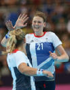 <b>Kathryn Fudge - Great Britain - Handball - Left Back</b><br> Kathryn Fudge of Great Britain celebrates a point in the Women's Handball preliminaries Group A - Match 5 between Montenegro and Great Britain on Day 1 of the London 2012 Olympic Games at the Copper Box on July 28, 2012 in London, England. (Photo by Jeff Gross/Getty Images)