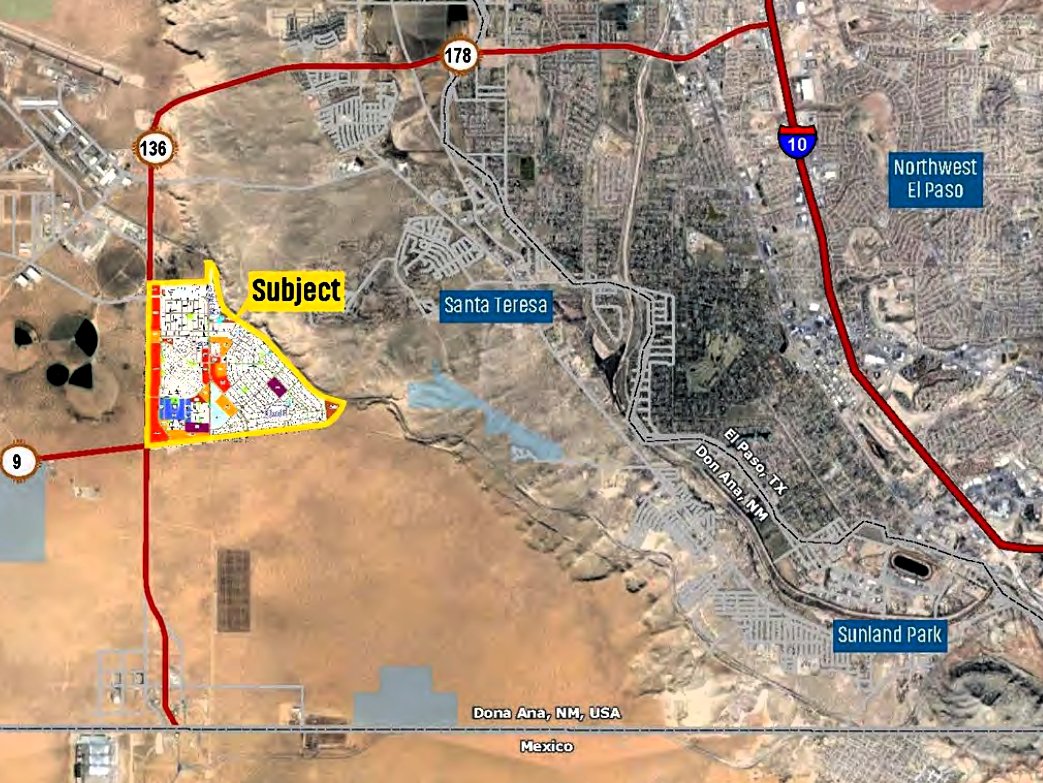 The planned, 1,180-acre Alta Mesa Estates residential community is shown in white. It borders Pete Domenici Highway, also known as New Mexico State Highway 136, in Santa Teresa, New Mexico.