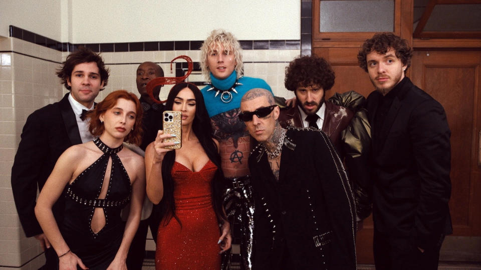 'Dave' at the Met Gala, (L-R): David Dobrik, Emma Chamberlain, Don Cheadle, Megan Fox, Machine Gun Kelly, Travis Barker, Dave Burd, and Jack Harlow.