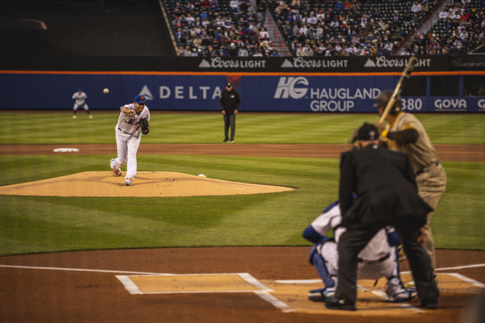 NEW YORK, NY - APRIL 10: Max Scherzer #21 of the New York Mets pitches in the first inning against the San Diego Padres at Citi Field on April 10, 2023 in New York City. (Photo by Matt Thomas/San Diego Padres/Getty Images)