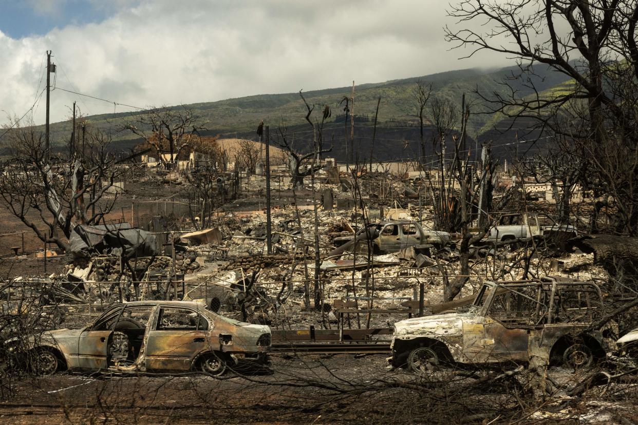 Carcasses of cars are seen among the ashes of burnt neighborhood in the aftermath of a wildfire, in Lahaina, western Maui, Hawaii on August 14, 2023. The death toll in Hawaii's wildfires rose to 99 and could double over the next 10 days, the state's governor said August 14, as emergency personnel painstakingly scoured the incinerated landscape for more human remains.
Last week's inferno on the island of Maui is already the deadliest US wildfire in a century, with only a quarter of the ruins of the devastated town of Lahaina searched for victims so far. (Photo by Yuki IWAMURA / AFP) (Photo by YUKI IWAMURA/AFP via Getty Images)