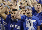 Kentucky fans cheer before their game against Wisconsin at their NCAA Final Four tournament college basketball semifinal game Saturday, April 5, 2014, in Arlington, Texas. (AP Photo/David J. Phillip)