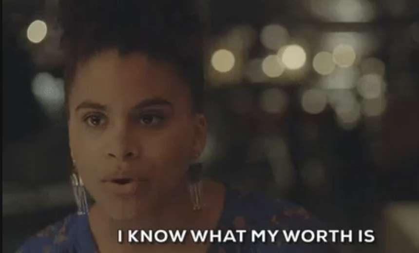 A woman talking with the words "I know what my worth is"