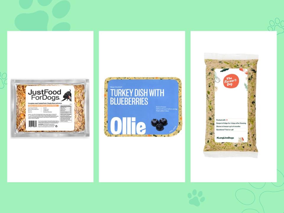 Three packages of fresh dog food — just food for dogs, ollie, the farmer's dog — on a white and green background.