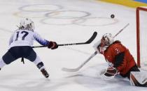 Ice Hockey – Pyeongchang 2018 Winter Olympics – Women Preliminary Round Match - U.S. v Canada - Kwandong Hockey Centre, Gangneung, South Korea – February 15, 2018 - Jocelyne Lamoureux of the U.S. (L) misses a penalty shot against Canada goalkeeper Genevieve Lacasse. REUTERS/David W Cerny TPX IMAGES OF THE DAY